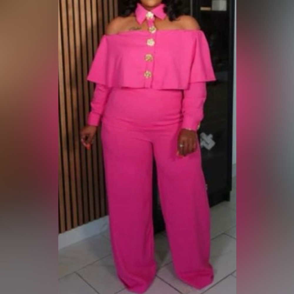 Elegant Pink Cold-Shoulder Women's Pant Set